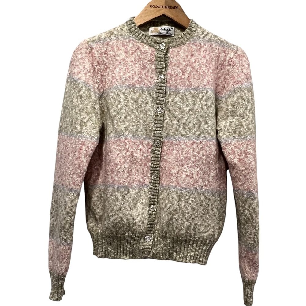 Pringle of Scotland Pastel Striped Cardigan, Wool Cotton, 40 S/M